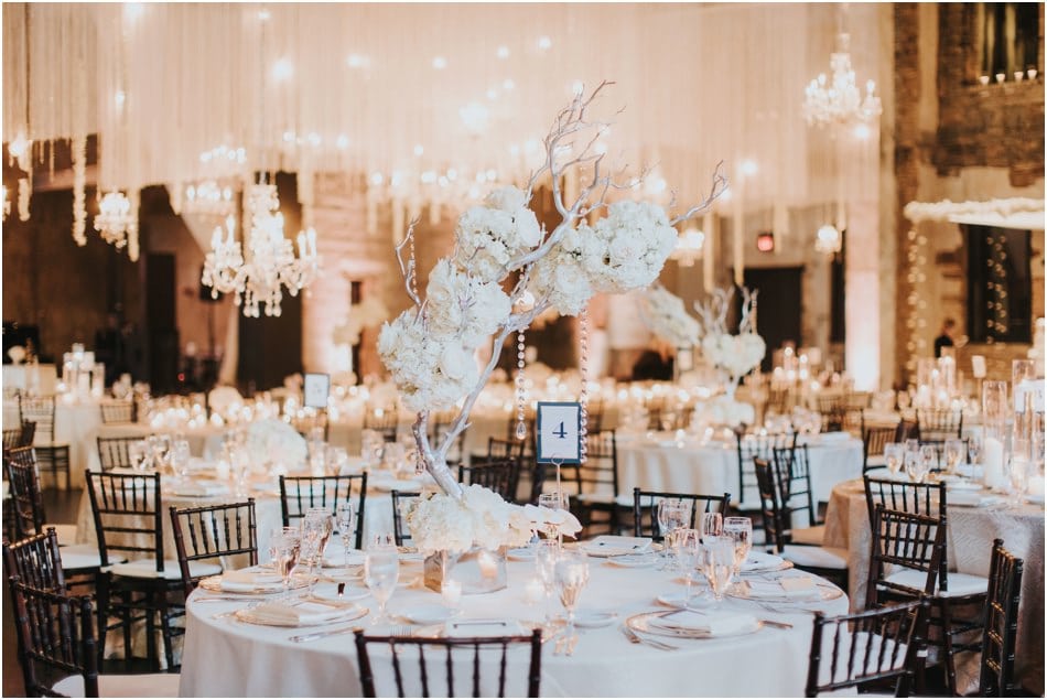 Aria Wedding in Minneapolis, MN with hanging chandeliers and flowers