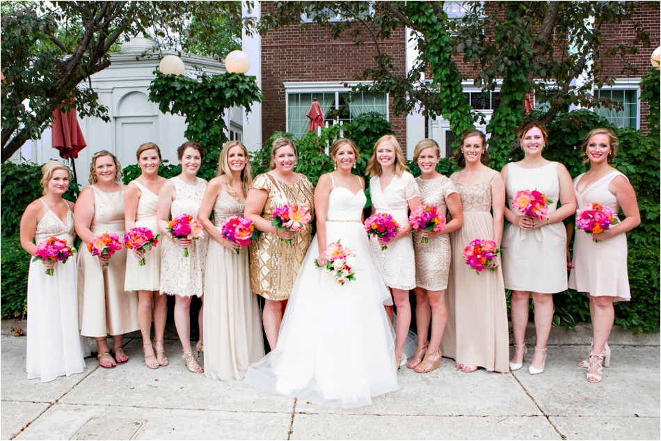 Gold and Pink Bridesmaids dresses